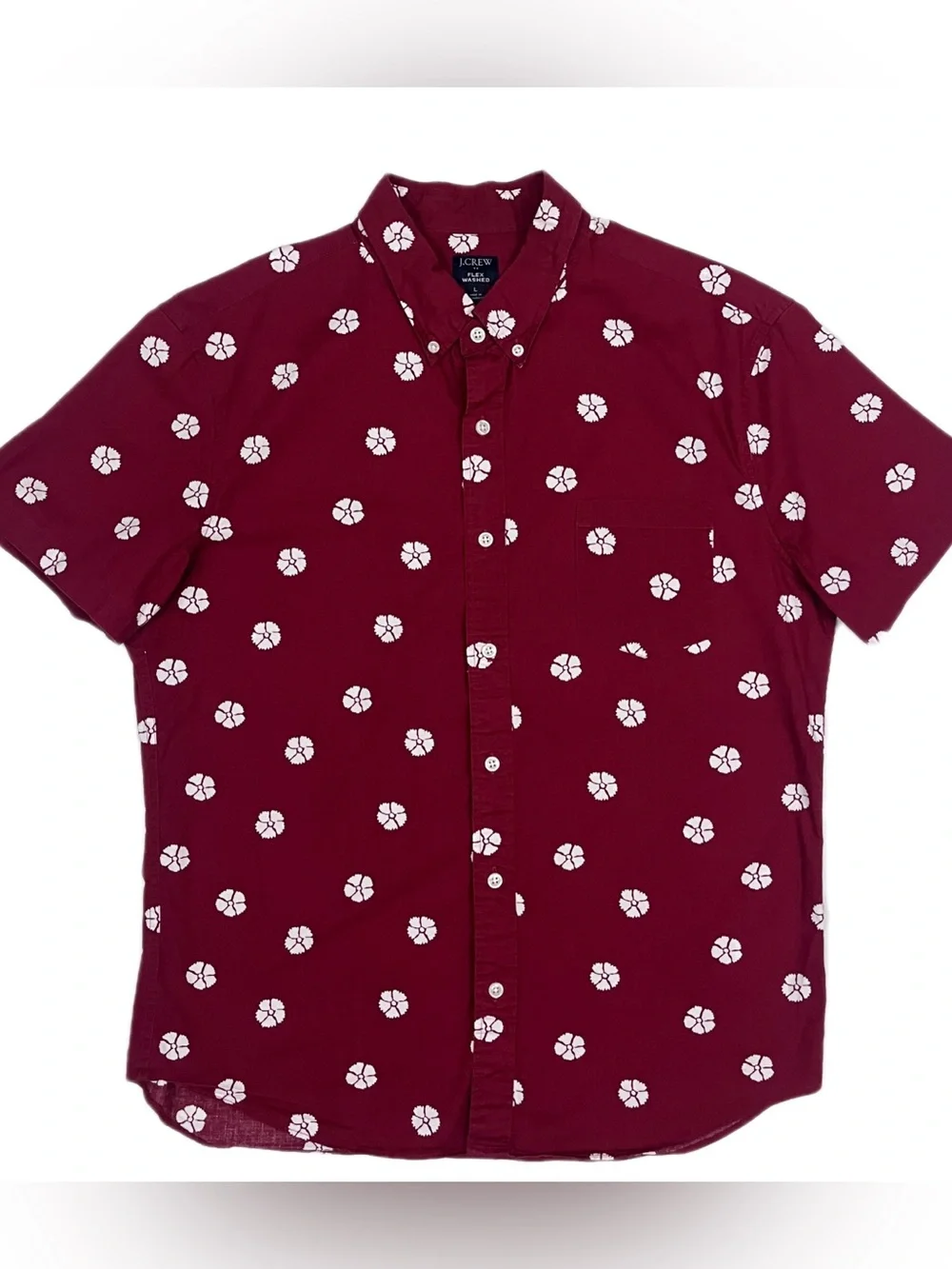 J. Crew Flex Washed Men's L Burgundy Short Sleeve Button-Down White Floral Print